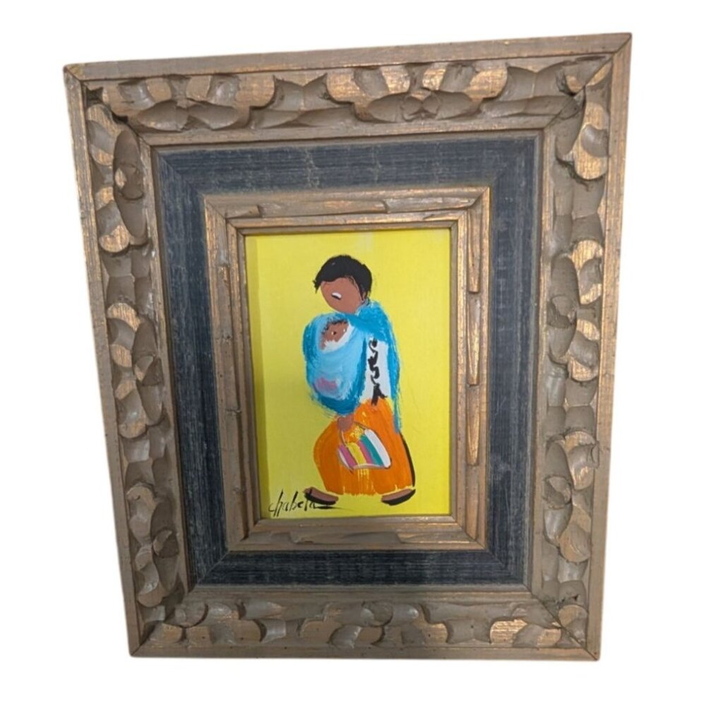 Signed "Chabela" Oil Painting on Board Woman Child Colorful Bag Ornate Frame